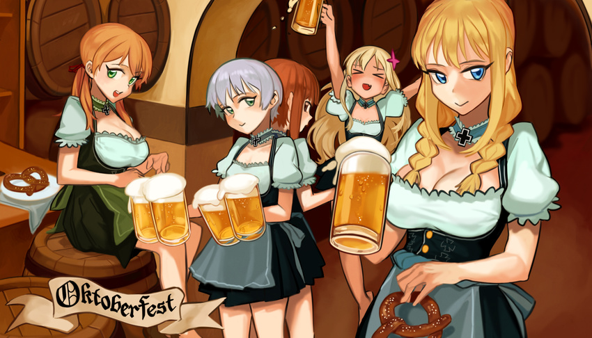 &gt;_&lt; :d absurdres alcohol apron arms_up back-to-back bangs barrel beer beer_mug bismarck_(kantai_collection) blonde_hair blue_eyes blush braid breasts brown_hair choker cleavage closed_eyes closed_mouth cup dirndl dress drunk fang food german german_clothes gom_(kooskoo) green_eyes hair_ornament highres holding holding_cup holding_food indoors iron_cross kantai_collection large_breasts long_hair looking_at_viewer multiple_girls oktoberfest open_mouth orange_hair plate pretzel prinz_eugen_(kantai_collection) puffy_short_sleeves puffy_sleeves ro-500_(kantai_collection) short_hair short_sleeves silver_hair sitting smile spill standing table twin_braids twintails underbust waist_apron z1_leberecht_maass_(kantai_collection) z3_max_schultz_(kantai_collection)