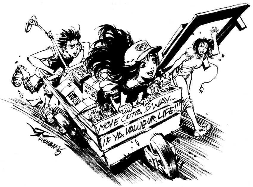 3girls :d artist_name baseball_cap box brushpen_(medium) carrying_overhead child commentary dog english greyscale hat headwear monochrome multiple_girls open_mouth original running sandals scan smile speed_lines twintails w.i.t.c.h. wheelbarrow wilson_tortosa