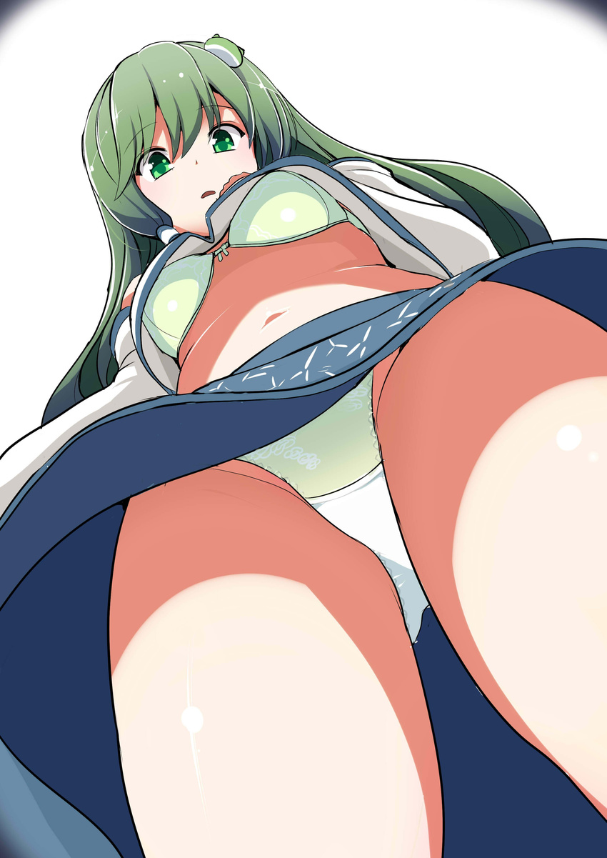 absurdres amisu bra detached_sleeves dutch_angle frog_hair_ornament from_below green_eyes green_hair hair_ornament hair_tubes highres japanese_clothes kochiya_sanae long_hair long_sleeves looking_at_viewer looking_down midriff miko navel open_mouth panties pantyshot shirt simple_background skirt solo thighs touhou under_shot underwear upshirt upskirt white_background wide_sleeves