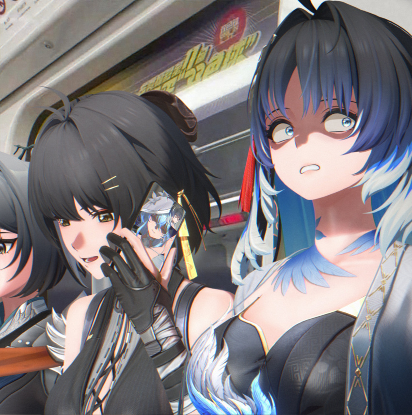 3d 4girls absurdres ahoge black_hair blue_hair blue_veil blunt_sidelocks breasts colored_inner_hair commentary cross-laced_clothes cross-laced_dress cross-laced_top dia_do_iuno_augusta english_commentary eyeliner feather_hair feathered_hair female_rover_(wuthering_waves) hair_ornament hairclip highres liangyu_(wuthering_waves) makeup man_looks_at_himself_on_someone's_phone_(meme) meme multicolored_hair multiple_girls parallel_hairclips red_eyeliner rover_(wuthering_waves) shorekeeper_(wuthering_waves) sidelocks two-tone_veil veil white_veil wuthering_waves yangyang_(wuthering_waves) yangyang_(xuanling)_(wuthering_waves) yellow_eyes