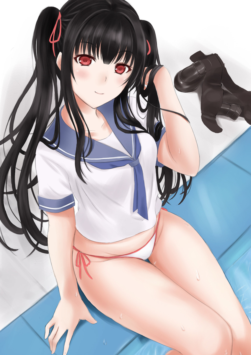 black_hair blush harami highres looking_at_viewer original panties red_eyes side-tie_panties sitting solo swimsuit twintails underwear