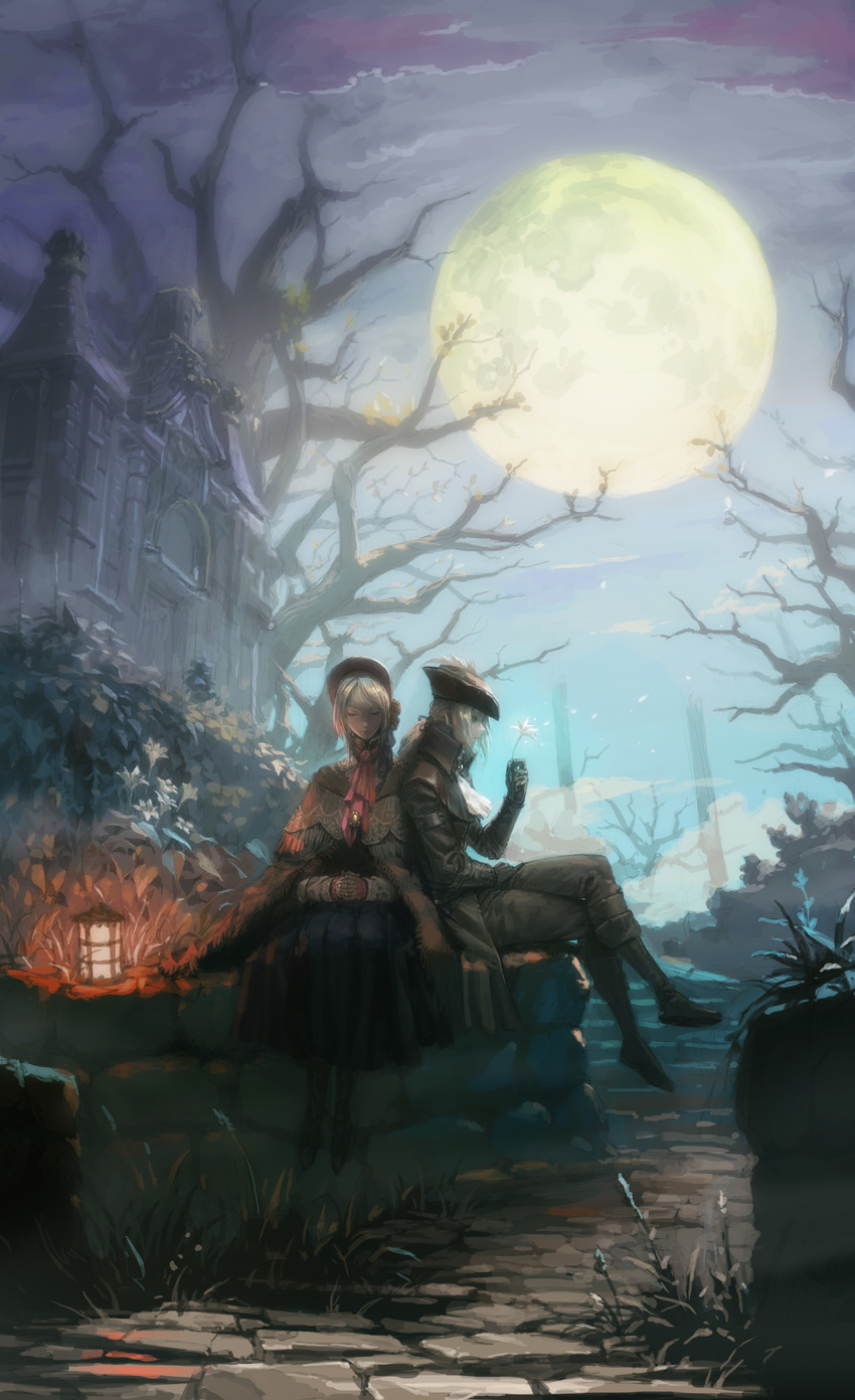 absurdres blonde_hair bloodborne bonnet boots cloak coat cravat crossed_legs doll_joints dress flower fog full_moon hat hat_feather highres jewelry lady_maria_of_the_astral_clocktower lantern long_hair loped moon multiple_girls night pendant petals plain_doll plant ponytail road sitting spoilers stone_wall the_old_hunters tree tricorne wall