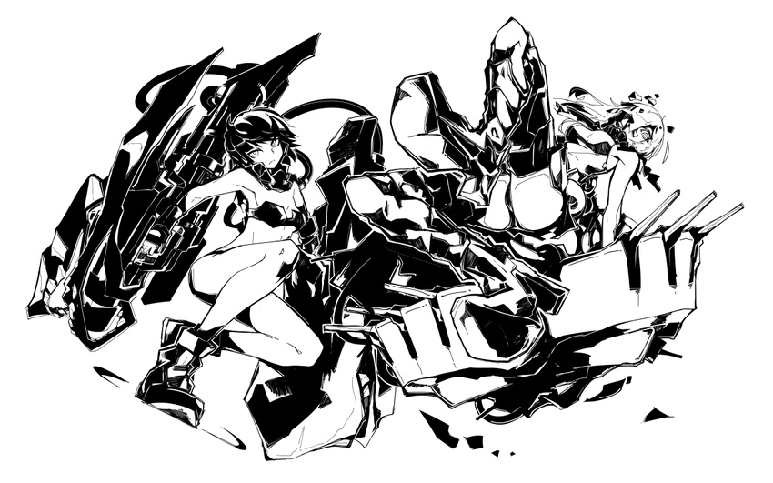 arm_cannon armor armored_boots ass bikini boots breasts cannon cleavage collar commentary_request deel_(rkeg) foreshortening greyscale high_heels kantai_collection looking_at_viewer mask monochrome multiple_girls ne-class_heavy_cruiser panties ri-class_heavy_cruiser shinkaisei-kan shoes short_hair sideboob small_breasts sneakers swimsuit thighhighs underwear weapon