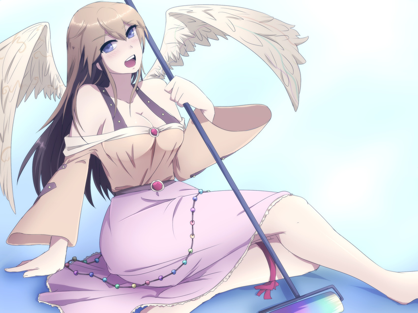 angel_wings bare_shoulders barefoot blue_eyes breasts brown_hair chusokarashi_no_manaato collarbone highres large_breasts lenk64 long_hair long_skirt looking_at_viewer nansei_project off_shoulder original paint_roller sitting skirt smile solo wings