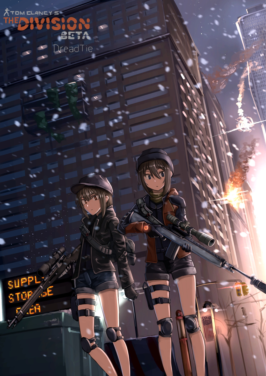 artist_name battle_rifle blue_eyes bolt_action brown_eyes brown_hair copyright_name dreadtie gloves gun hat highres holster knee_pads m14 making_of mosin-nagant multiple_girls original rifle scope short_hair shorts snowing suppressor thigh_holster tom_clancy's_the_division weapon