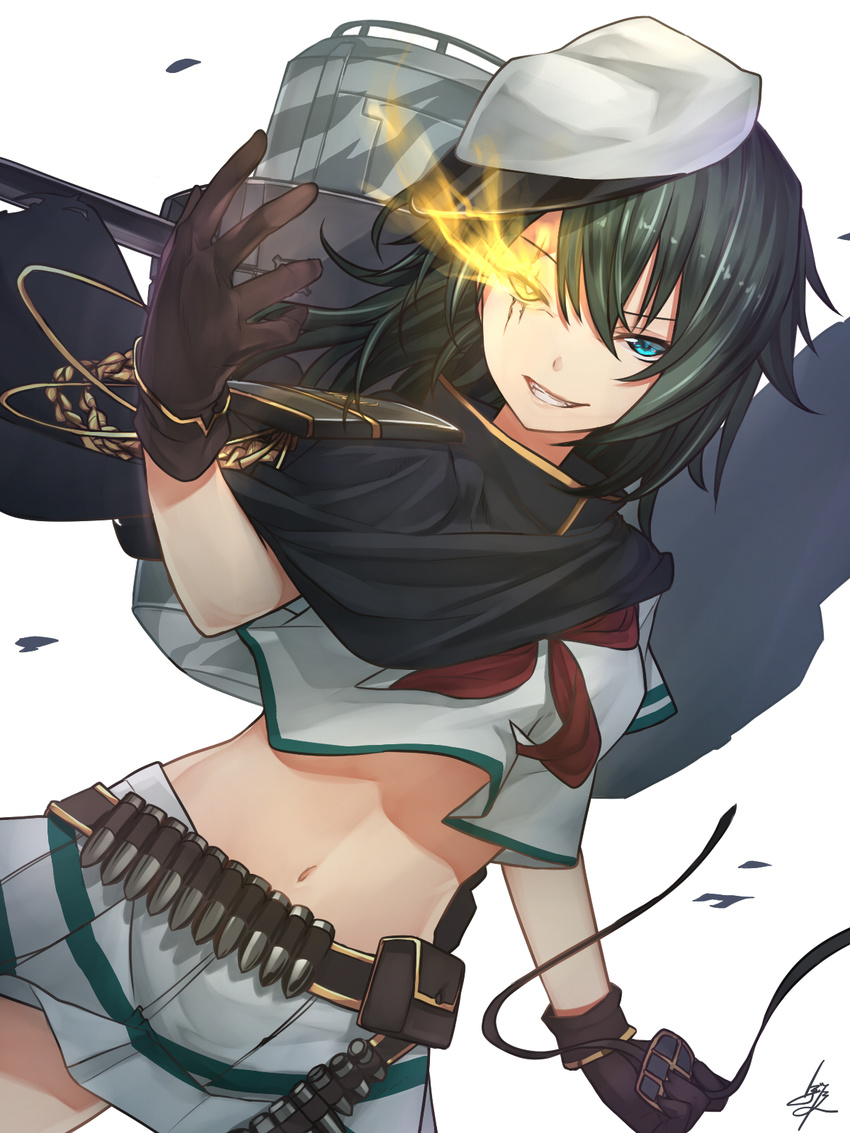 baffu bandolier brown_gloves burning_eye camouflage cape commentary_request crop_top crop_top_overhang eyepatch eyepatch_removed gloves green_eyes green_hair grin hat heterochromia highres kantai_collection kiso_(kantai_collection) looking_at_viewer midriff military military_uniform naval_uniform navel pauldrons remodel_(kantai_collection) sailor_hat scar scar_across_eye school_uniform serafuku simple_background smile solo turret uniform yellow_eyes