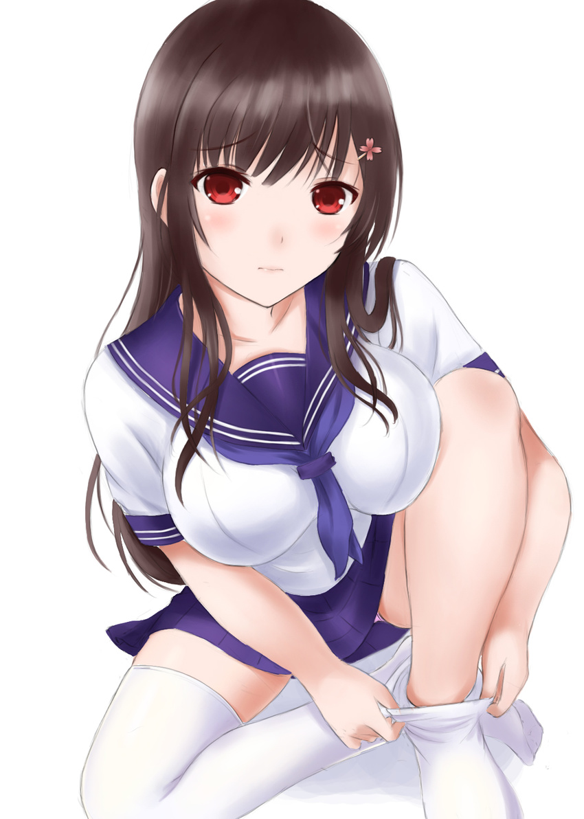 black_hair blush flower hair_flower hair_in_mouth hair_ornament harami highres long_hair looking_at_viewer original purple_eyes school_uniform serafuku solo wavy_mouth