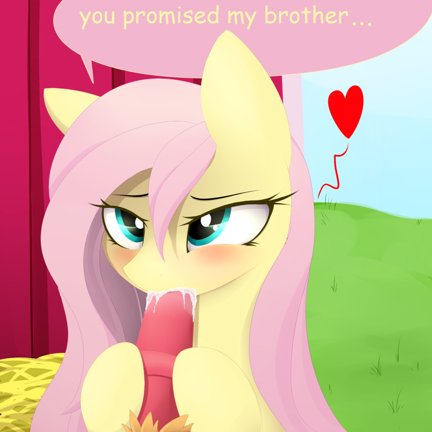 &lt;3 2018 animal_genitalia animal_penis big_macintosh_(mlp) blush cum cum_in_mouth cum_inside duo earth_pony english_text equine equine_penis fellatio female feral fluttershy_(mlp) friendship_is_magic hair horse looking_at_viewer male mammal my_little_pony oral outside pegasus penis pony posionjoke sex text wings