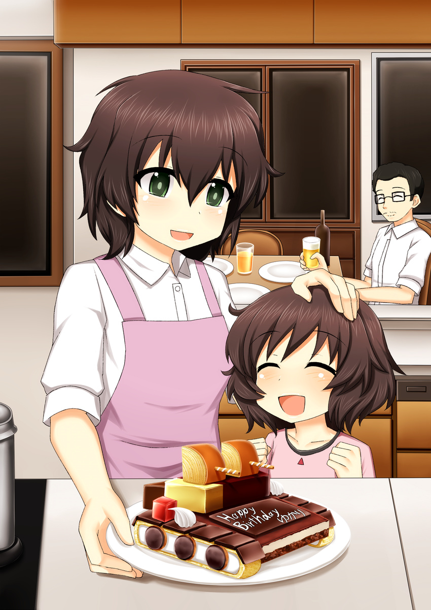 2girls 7tp :d akiyama_jungorou akiyama_yoshiko akiyama_yukari alcohol apron beer birthday birthday_cake bottle brown_hair cake closed_eyes family father_and_daughter food girls_und_panzer glass glasses green_eyes hand_on_another's_head happy_birthday highres juice military mother_and_daughter multiple_girls open_mouth plate short_hair smile sudo_shinren younger