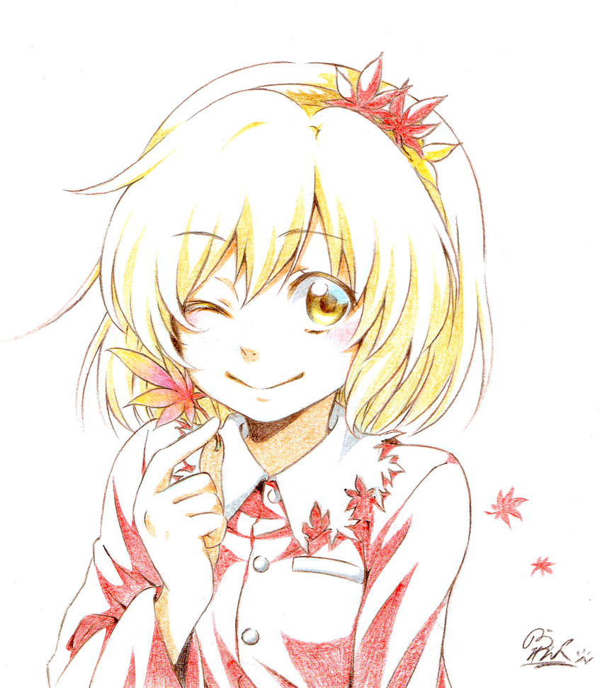 aki_shizuha bad_id bad_pixiv_id blonde_hair crayon_(medium) dress hair_between_eyes hair_ornament hairband highres leaf leaf_hair_ornament looking_at_viewer maple_leaf nora_wanko one_eye_closed red_dress short_hair simple_background smile solo touhou traditional_media yellow_eyes