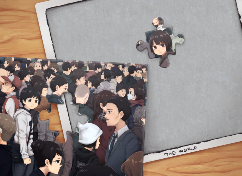 baseball_cap black_hair brown_eyes brown_hair buzz_cut commentary crowd english_text facial_hair formal glasses hat hood hoodie jigsaw_puzzle multiple_boys multiple_girls mustache original puzzle suit surgical_mask yajirushi_(chanoma)