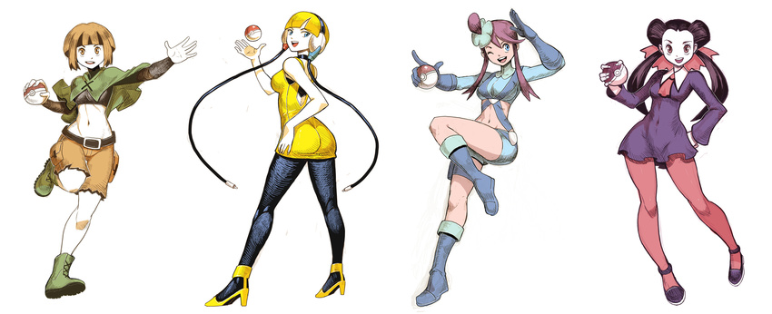 :d arm ascot ass bare_arms bare_shoulders belt black_hair blonde_hair blue_eyes boots breasts brown_eyes buckle cable capelet choker covered_navel double_bun dress forehead full_body fuuro_(pokemon) genzoman gloves green_capelet gym_leader hair_pulled_back hand_on_hip headphones high_heels highres holding holding_poke_ball kamitsure_(pokemon) leg_up long_hair looking_at_viewer looking_back medium_breasts midriff multiple_girls natane_(pokemon) navel one_eye_closed open_mouth orange_eyes orange_hair outstretched_arm outstretched_hand pantyhose pink_legwear poke_ball poke_ball_(generic) pokemon pokemon_(game) pokemon_bw pokemon_dppt pokemon_rse purple_dress red_hair round_teeth running short_hair shorts simple_background sketch smile standing teeth tsutsuji_(pokemon) twintails very_long_hair white_background