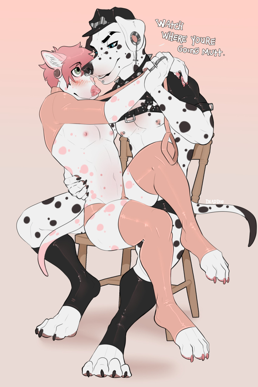 absurd_res anthro bambii_dog blush bulge canid canine canis clothed clothing collar crossdressing dalmatian dialogue domestic_dog duo english_text girly hi_res leash male male/male mammal nipple_piercing nipples open_mouth piercing rubber sitting text tight_clothing underwear