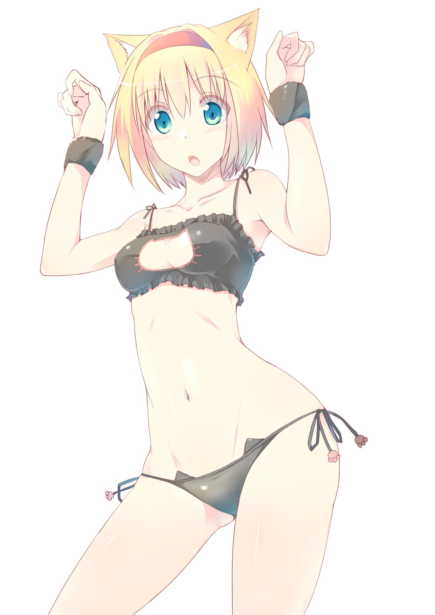 absurdres alice_margatroid animal_ears black_bra black_panties blonde_hair blue_eyes bra breasts cat_cutout cat_day cat_ear_panties cat_ears cat_lingerie cleavage cleavage_cutout collarbone contrapposto hairband highres kemonomimi_mode looking_at_viewer meme_attire navel nirap open_mouth panties short_hair side-tie_panties small_breasts solo standing touhou underwear underwear_only wrist_cuffs