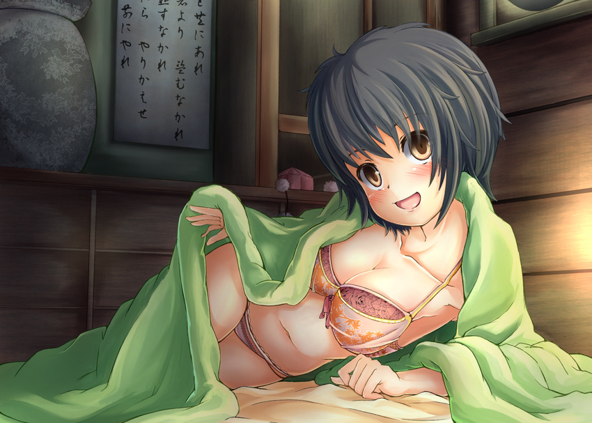 :d adworse arm_support armpits bangs bed bed_sheet black_hair bra breasts brown_eyes cleavage collarbone floral_print futon happy hat hat_removed head_tilt headwear_removed indoors large_breasts leaf_print looking_at_viewer lying navel on_bed on_side open_mouth panties red_hat scroll shameimaru_aya shelf short_hair smile solo stomach tareme text_focus tokin_hat touhou underwear underwear_only vase