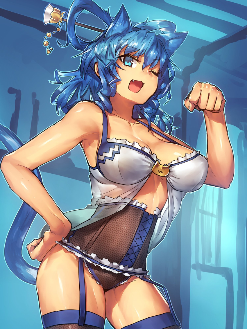 ;d animal_ears babydoll blue_eyes blue_hair breasts cat_ears cat_tail cleavage corset covered_nipples cowboy_shot fang fishnet_legwear fishnet_panties fishnets garter_straps hair_ornament hand_on_hip highres kaku_seiga large_breasts lingerie looking_at_viewer melon22 nyan one_eye_closed open_mouth paw_pose smile solo tail thighhighs touhou underwear