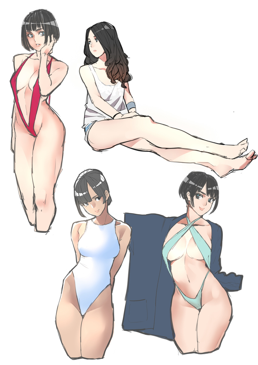 absurdres arms_behind_back bangs barefoot black_hair blue_eyes bob_cut breasts cleavage collage criss-cross_halter cropped_legs full_body halter_top halterneck highleg highleg_swimsuit highres large_breasts long_hair makai medium_breasts multiple_girls one-piece_swimsuit original parted_bangs red_swimsuit short_hair sitting slingshot_swimsuit swimsuit white_swimsuit