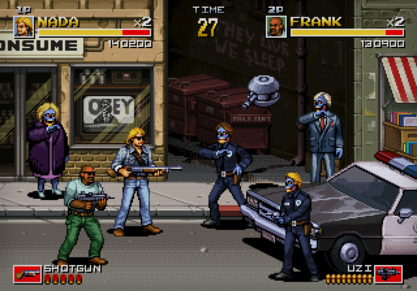 city dark_skin frank_(they_live) gun junkboy monster motor_vehicle multiple_boys nada_(they_live) pixel_art police sunglasses they_live weapon