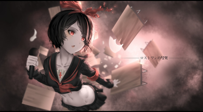 alternate_eye_color alternate_hair_color astray_(module) black_hair collarbone crop_top desk hair_ribbon highres hk_(hk) kagamine_rin long_sleeves lost_one_no_goukoku_(vocaloid) microphone midriff navel neckerchief open_mouth project_diva_(series) project_diva_x red_eyes ribbon school_desk school_uniform serafuku short_hair skirt skirt_set solo song_name torn_ribbon vocaloid