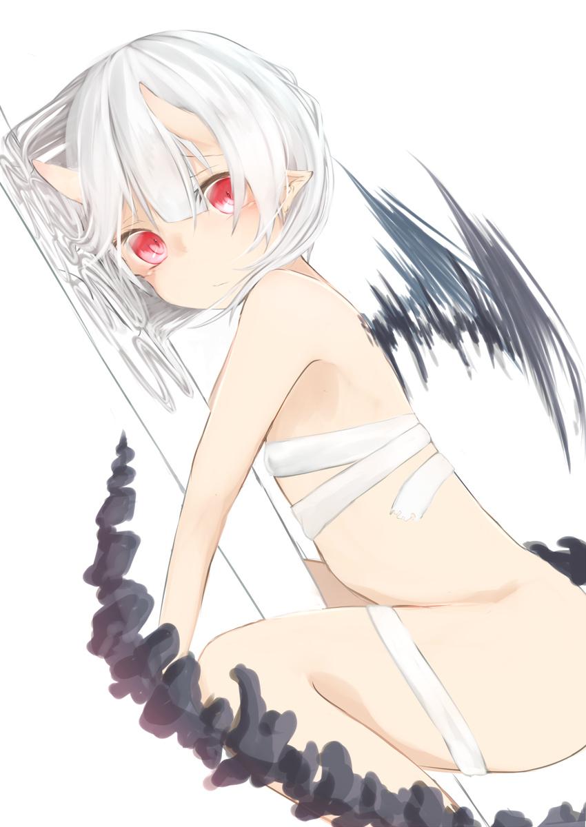 bad_id bad_pixiv_id bandages bone dutch_angle flat_chest from_side hanetsuki_touka highres horns looking_at_viewer lying naked_bandage nude on_stomach original pointy_ears red_eyes silver_hair solo tail wings