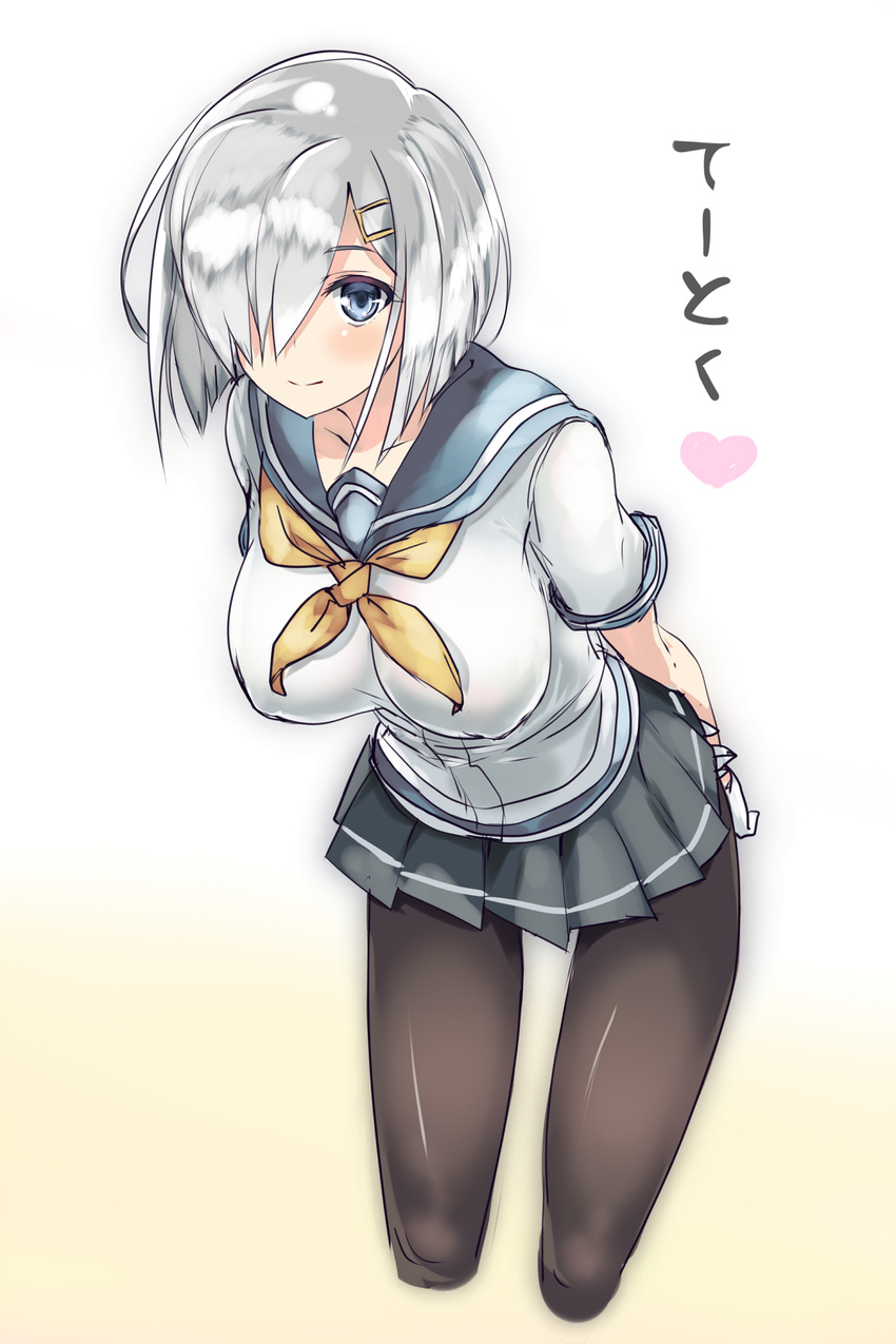 arms_behind_back black_legwear blue_eyes blush breasts gloves grey_skirt hair_ornament hair_over_one_eye hairclip hamakaze_(kantai_collection) heart highres holding_arm kantai_collection large_breasts leaning_forward looking_at_viewer neckerchief oi_ke pantyhose pleated_skirt school_uniform serafuku short_hair short_sleeves silver_hair simple_background skirt smile solo translated white_background white_gloves yellow_neckwear