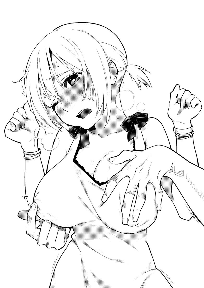 blush breast_grab breasts covered_nipples dress grabbing grabbing_from_behind greyscale hige_(hige2) highres large_breasts monochrome nipple_rub one_eye_closed original short_hair short_twintails solo_focus twintails upper_body