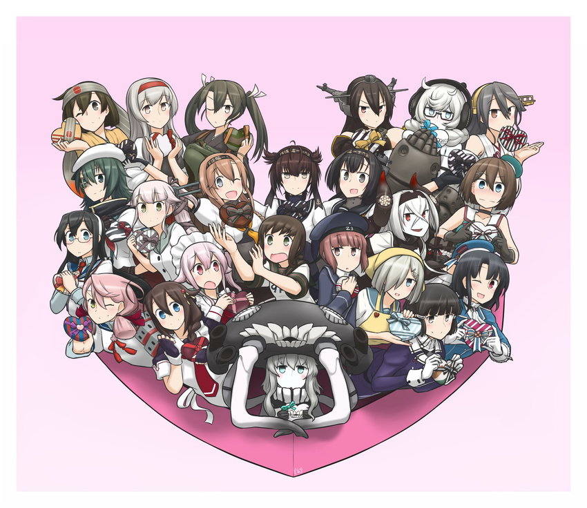 &gt;:) :| ;d absurdly_long_hair ahoge air_defense_hime akashi_(kantai_collection) akizuki_(kantai_collection) alternate_costume apron bandana bare_shoulders beret black_eyes black_gloves black_hair black_serafuku blue_eyes blush bodysuit box braid brown_eyes brown_gloves brown_hair buttons camouflage cape chocolate chocolate_heart closed_mouth clothes_writing dress elbow_gloves enmaided eyepatch fingerless_gloves frills fubuki_(kantai_collection) gauntlets gift gift_box glasses gloves gradient gradient_background green_eyes green_hair hachimaki hair_between_eyes hair_bun hair_flaps hair_ornament hair_over_one_eye hair_over_shoulder hair_ribbon hairband hairclip hamakaze_(kantai_collection) hamu_koutarou haruna_(kantai_collection) harusame_(kantai_collection) hat hatsuzuki_(kantai_collection) headband headgear headphones heart highres hiryuu_(kantai_collection) holding holding_gift horns japanese_clothes kantai_collection kiso_(kantai_collection) light_brown_hair long_hair long_sleeves looking_at_viewer low_ponytail maid maid_headdress maya_(kantai_collection) mechanical_arm military military_uniform mouth_hold multiple_girls muneate myoukou_(kantai_collection) nagato_(kantai_collection) neckerchief nontraditional_miko one_eye_closed one_side_up ooyodo_(kantai_collection) open_mouth outstretched_arms pale_skin pink_background pink_hair ponytail power_fist red_eyes remodel_(kantai_collection) ribbon sailor_collar sailor_dress sailor_hat school_uniform semi-rimless_eyewear serafuku shigure_(kantai_collection) shinkaisei-kan short_hair short_ponytail short_sleeves shoukaku_(kantai_collection) side_ponytail silver_hair single_braid sleeveless smile supply_depot_hime takao_(kantai_collection) teeth tentacles teruzuki_(kantai_collection) tress_ribbon turret twin_braids twintails uniform upper_body v-shaped_eyebrows valentine very_long_hair white_gloves white_hair white_skin wo-class_aircraft_carrier yura_(kantai_collection) z3_max_schultz_(kantai_collection) zuikaku_(kantai_collection)