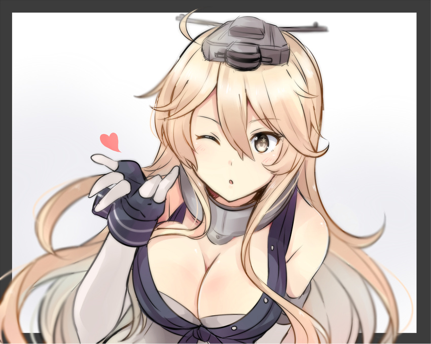 ;o bare_shoulders black_gloves blonde_hair blown_kiss breasts buttons cleavage commentary detached_sleeves fingerless_gloves gloves grey_eyes hair_between_eyes headgear heart iowa_(kantai_collection) kantai_collection large_breasts long_hair looking_at_viewer one_eye_closed open_mouth solo star star-shaped_pupils symbol-shaped_pupils yukichi_(eikichi)