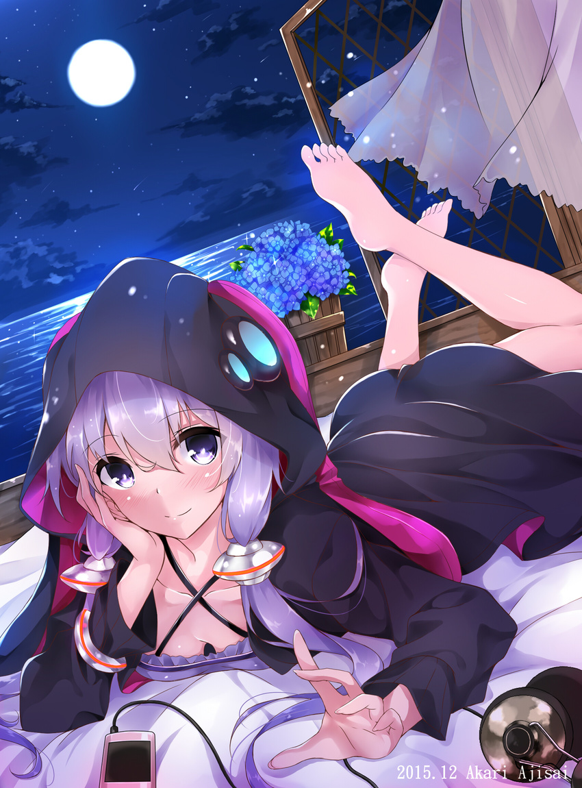2015 akari_ajisai animal_hood bare_legs barefoot blush breasts bunny_hood cable cleavage closed_mouth cloud collarbone criss-cross_halter curtains digital_media_player downblouse dutch_angle eyebrows eyebrows_visible_through_hair feet_up flower flower_pot full_moon glowing hair_between_eyes hair_tubes halter_top halterneck hand_on_own_cheek head_rest headgear headphones headphones_removed highres hood hoodie horizon hydrangea ipod kneepits leaf legs_up long_sleeves looking_at_viewer low_twintails lying moon night night_sky ocean on_stomach plant potted_plant purple_shirt screen shirt shooting_star sky small_breasts smile solo tareme the_pose toes transparent twintails vocaloid voiceroid water wind wristband yuzuki_yukari