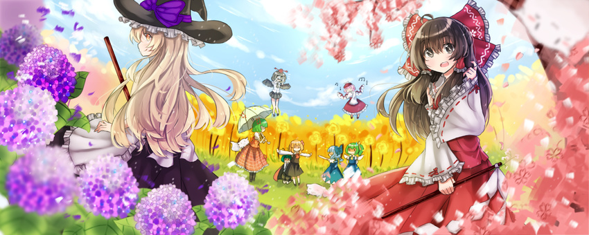 &gt;_&lt; anger_vein antennae apron ascot beamed_eighth_notes bird_wings black_dress black_eyes black_footwear black_hair black_legwear black_skirt black_vest black_wings blonde_hair blue_dress blue_hair blue_sky bow broom camera cape cat cherry_blossoms chilia012 cirno closed_eyes cloud daiyousei day detached_sleeves dress eighth_note faceless fairy_wings flower flying frilled_apron frilled_bow frilled_hat frilled_shirt_collar frilled_sleeves frills from_side garden_of_the_sun grass green_hair hair_bow hair_tubes hakurei_reimu hand_in_hair hands_on_hips hat hat_bow highres holding holding_broom holding_umbrella hydrangea ice ice_wings kazami_yuuka kirisame_marisa kneeling knees_together_feet_apart light_particles long_hair long_skirt long_sleeves looking_afar looking_at_viewer maroon_dress multiple_girls music musical_note mystia_lorelei no_mouth open_mouth outstretched_arms parasol petals pink_hair plaid plaid_skirt plaid_vest pleated_skirt purple_bow red_shirt red_skirt red_vest ribbon-trimmed_sleeves ribbon_trim round_teeth rumia shameimaru_aya shirt shoes side_ponytail singing skirt sky smile solid_circle_eyes sunflower taking_picture team_9 teeth tokin_hat tongue touhou tree umbrella very_long_hair vest waist_apron white_shirt wind wings witch_hat wriggle_nightbug yellow_eyes