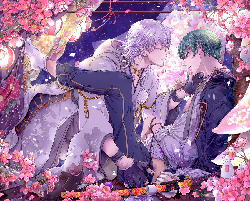aqua_hair aruco cherry_blossoms curtains gloves hand_on_another's_ass hand_on_another's_face highres hood ichigo_hitofuri japanese_clothes male_focus multiple_boys necktie open_clothes open_shirt partly_fingerless_gloves petals shirt shoes_removed sky smile star_(sky) starry_sky touken_ranbu tsurumaru_kuninaga white_hair yaoi yellow_eyes