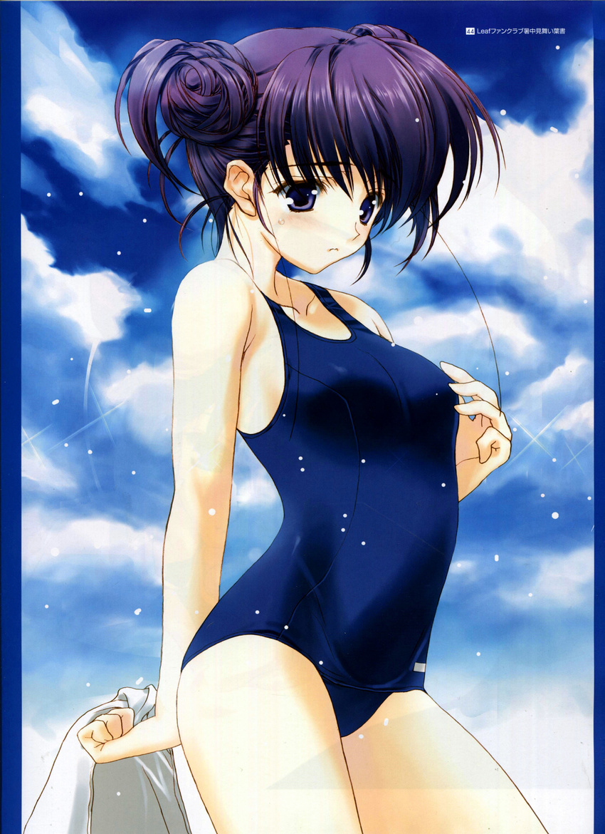 absurdres bare_shoulders blue_sky blush cloud day double_bun highres himeyuri_ruri nakamura_takeshi non-web_source old_school_swimsuit one-piece_swimsuit purple_eyes school_swimsuit sky solo swimsuit to_heart_2 to_heart_2_xrated towel