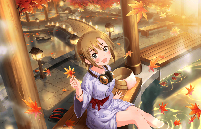 artist_request ashiyu autumn_leaves bangs bath_yukata bench blush bracelet brown_hair bucket collarbone grey_eyes hair_ornament hairclip headphones headphones_around_neck holding holding_leaf idolmaster idolmaster_cinderella_girls idolmaster_cinderella_girls_starlight_stage japanese_clothes jewelry kimono lamppost leaf long_sleeves looking_at_viewer official_art onsen open_mouth short_hair sidelocks sitting slippers smile soaking_feet solo steam stone_floor swept_bangs tada_riina towel tree water wooden_bridge wooden_bucket yukata