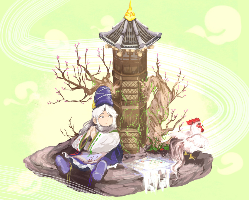 architecture bird blue_skirt cherry_blossoms chicken commentary_request ears east_asian_architecture fish hands_clasped hands_together hat highres japanese_clothes long_ponytail long_sleeves looking_at_another mononobe_no_futo own_hands_together plant ponytail reflection ribbon-trimmed_sleeves ribbon_trim rooster shoe_ribbon silver_eyes silver_hair sitting skirt solo tate_eboshi touhou tree turtleneck vines water wide_sleeves wind yotogi_(yotogi_luminary)