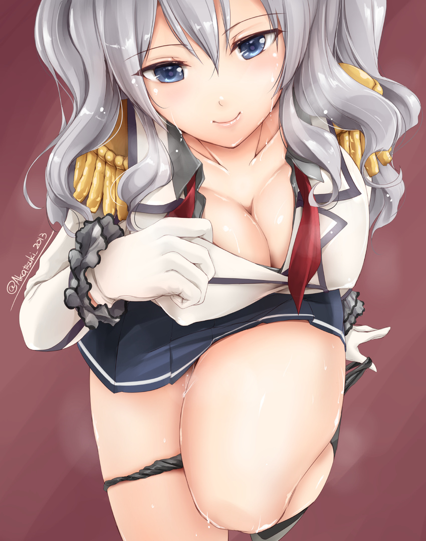 akatsuki_akane black_panties blue_eyes breasts cleavage epaulettes gloves highres jacket kantai_collection kashima_(kantai_collection) kerchief large_breasts miniskirt panties panty_pull pleated_skirt silver_hair skirt smile solo twintails twitter_username underwear undressing wavy_hair wet white_gloves