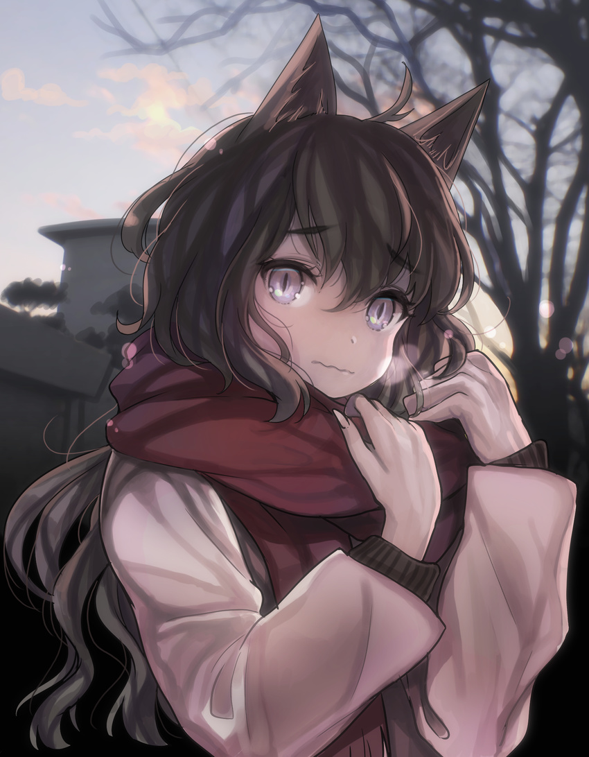 amripo animal_ears black_hair blue_eyes cat_day cat_ears highres long_hair original scarf solo wavy_mouth