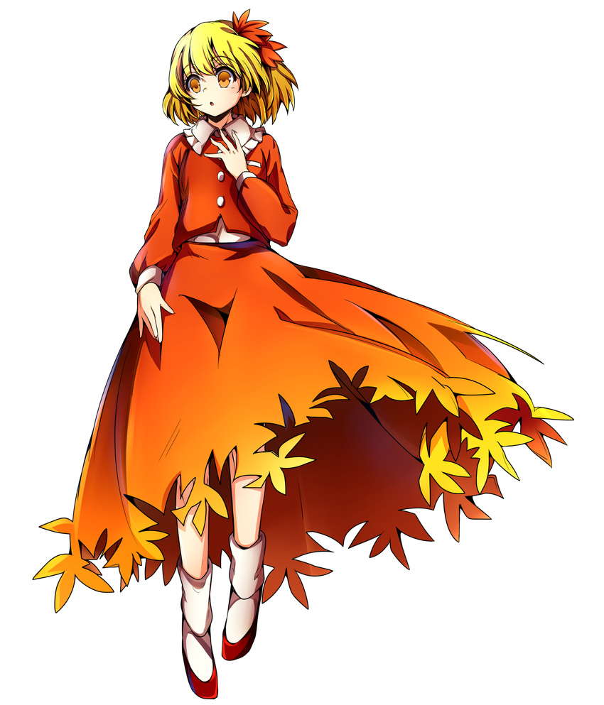 absurdres aki_shizuha baba_(baba_seimaijo) blonde_hair full_body highres leaf leaf_on_head long_sleeves looking_away maple_leaf open_mouth orange_eyes shirt shoes short_hair skirt skirt_set socks solo tachi-e touhou transparent_background