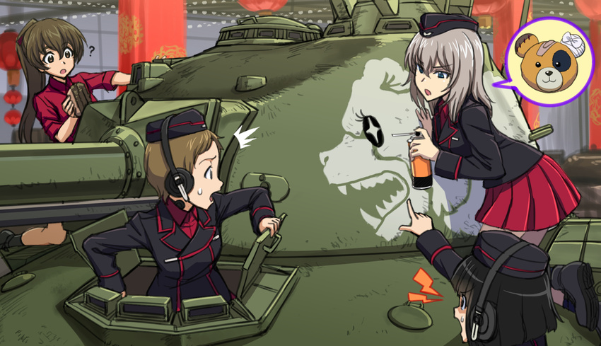 /\/\/\ 4girls ? angry bandages bear black_hair blue_eyes brown_hair commentary_request dress_shirt extra from_side garrison_cap girls_und_panzer ground_vehicle hat headphones itsumi_erika jacket jacket_removed kuromorimine_military_uniform long_hair long_sleeves military military_uniform military_vehicle monster motor_vehicle multiple_girls paint_can panzer_58 pointing ponytail profile red_shirt ritaiko_(girls_und_panzer) shinmai_(kyata) shirt short_hair silver_hair sleeves_rolled_up speech_bubble stuffed_animal stuffed_toy sweatdrop tank teddy_bear teeth uniform world_of_tanks