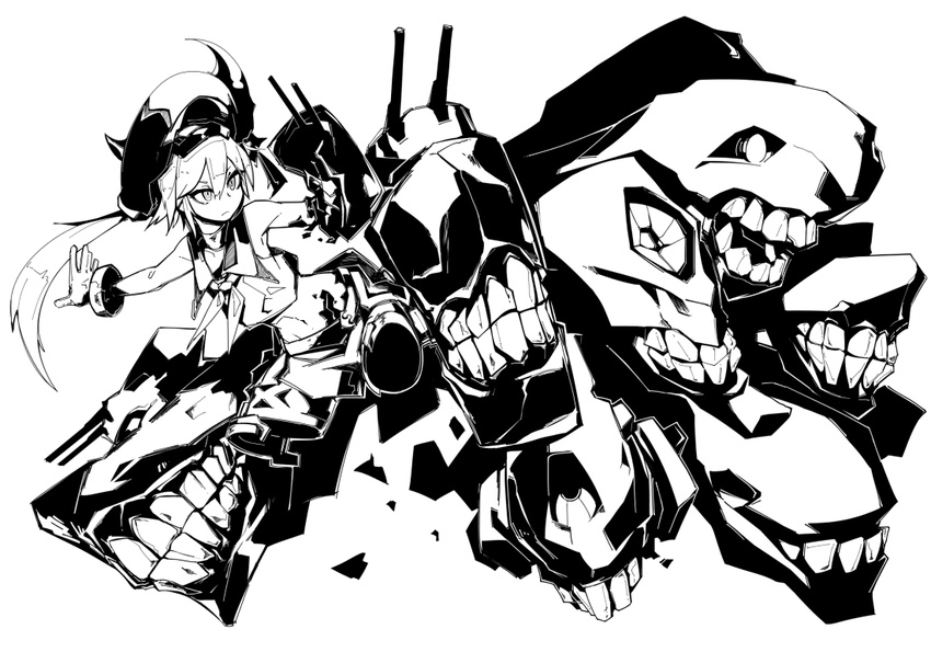 amputee arm_cannon beret cannon choker cuffs deel_(rkeg) destroyer_hime flat_chest gloves greyscale ha-class_destroyer hat hips horns i-class_destroyer kantai_collection midriff monochrome navel ni-class_destroyer ro-class_destroyer school_uniform serafuku shackles shinkaisei-kan side_ponytail skirt teeth weapon