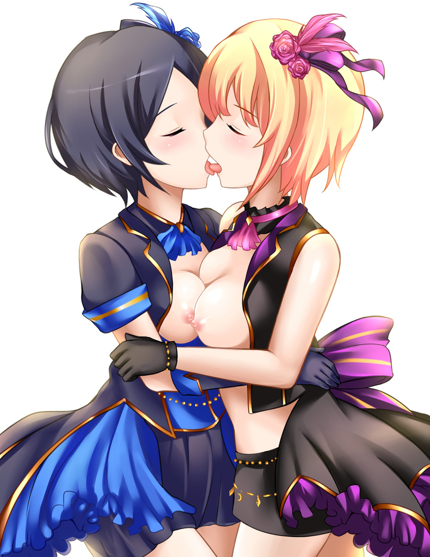 bangs blonde_hair blue_hair blush breasts closed_eyes couple dress french_kiss from_side gloves hair_ornament hayami_kanade highres idolmaster idolmaster_cinderella_girls kiss large_breasts md5_mismatch midriff miyamoto_frederica multiple_girls nipples open_mouth parted_bangs short_hair skirt tongue tongue_out tulip_(idolmaster) vest yoshimo yuri