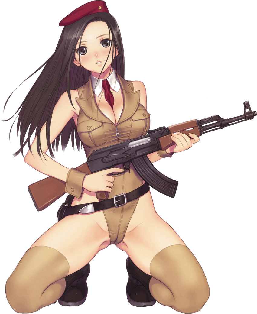 1girl adapted_uniform ak-47 assault_rifle belt beret black_eyes black_hair boots breasts cleavage gluteal_fold gun hat kalashnikov kneeling military military_uniform necktie rifle solo tanaka_takayuki thighhighs uniform weapon wrist_cuffs