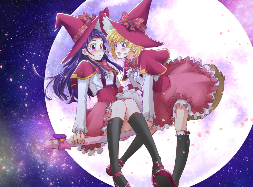 :d arakawa_hiyori asahina_mirai black_legwear blonde_hair blush bow broom broom_riding full_body full_moon hat hat_bow izayoi_liko kneehighs long_hair looking_at_another magic_school_uniform mahou_girls_precure! mary_janes moon multiple_girls multiple_riders open_mouth pink_skirt plaid plaid_bow precure purple_background purple_eyes purple_hair red_footwear red_hat shirt shoes short_hair sidesaddle skirt smile white_shirt witch_hat