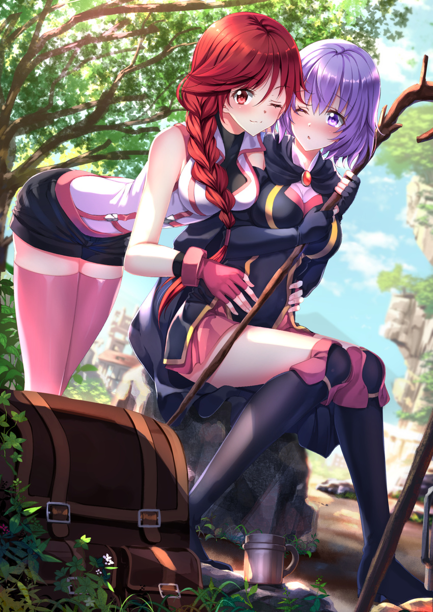 ;3 ;o bag bare_arms bare_shoulders bent_over black_footwear black_shorts blurry blurry_background boots braid branch breasts brooch buckle building bush cape city cleavage cliff cloak closed_mouth cup dappled_sunlight day depth_of_field dirt fingerless_gloves gem gloves grass hai_to_gensou_no_grimgar hair_over_shoulder hands_on_another's_stomach high_heels highres holding holding_staff hug hug_from_behind jewelry knee_boots knees_together_feet_apart long_hair long_legs looking_at_viewer looking_back medium_breasts mug multiple_girls nature one_eye_closed outdoors pink_legwear pink_skirt plant pot purple_eyes purple_hair red_gloves red_hair rock satchel shihoru_(grimgar) shirt short_hair short_shorts shorts single_braid sitting sitting_on_rock skirt sky skyline sleeveless sleeveless_shirt staff standing sunlight swordsouls tareme thighhighs tree vest wince yume_(grimgar) yuri