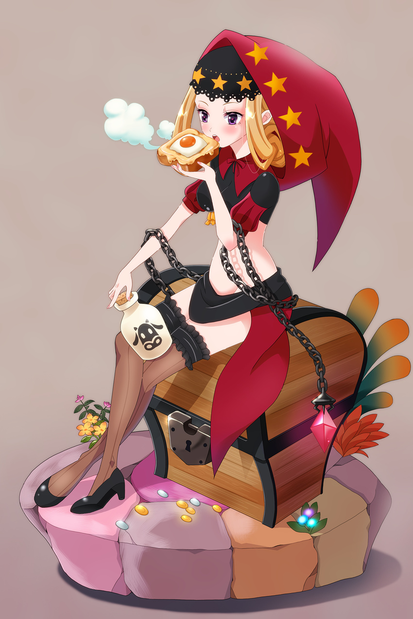 blonde_hair bottle chain cork crossed_legs eating flower food fried_egg garters heart heart-shaped_pupils high_heels highres hood long_hair micchi_(umatankita) midriff odin_sphere open_mouth pumps purple_eyes shoes sitting sitting_on_chest solo sunny_side_up_egg symbol-shaped_pupils thighhighs toast treasure_chest velvet_(odin_sphere) weapon