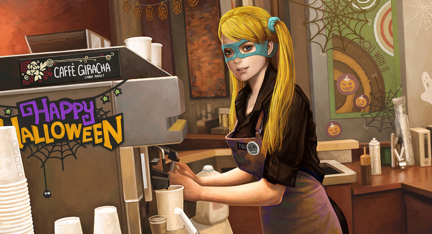 1girl alternate_costume apron badge bangs barista black_shirt blonde_hair blue_eyes bottle button_badge cafe coffee_maker_(object) commentary counter dave_kang employee_uniform english halloween happy_halloween highres indoors light_smile lips long_hair looking_at_viewer milk_bottle nose parted_lips rainbow_mika scrunchie shirt silk sleeves_folded_up solo spider_web street_fighter street_fighter_zero street_fighter_zero_3 swept_bangs teenage twintails uniform wrestling_mask younger