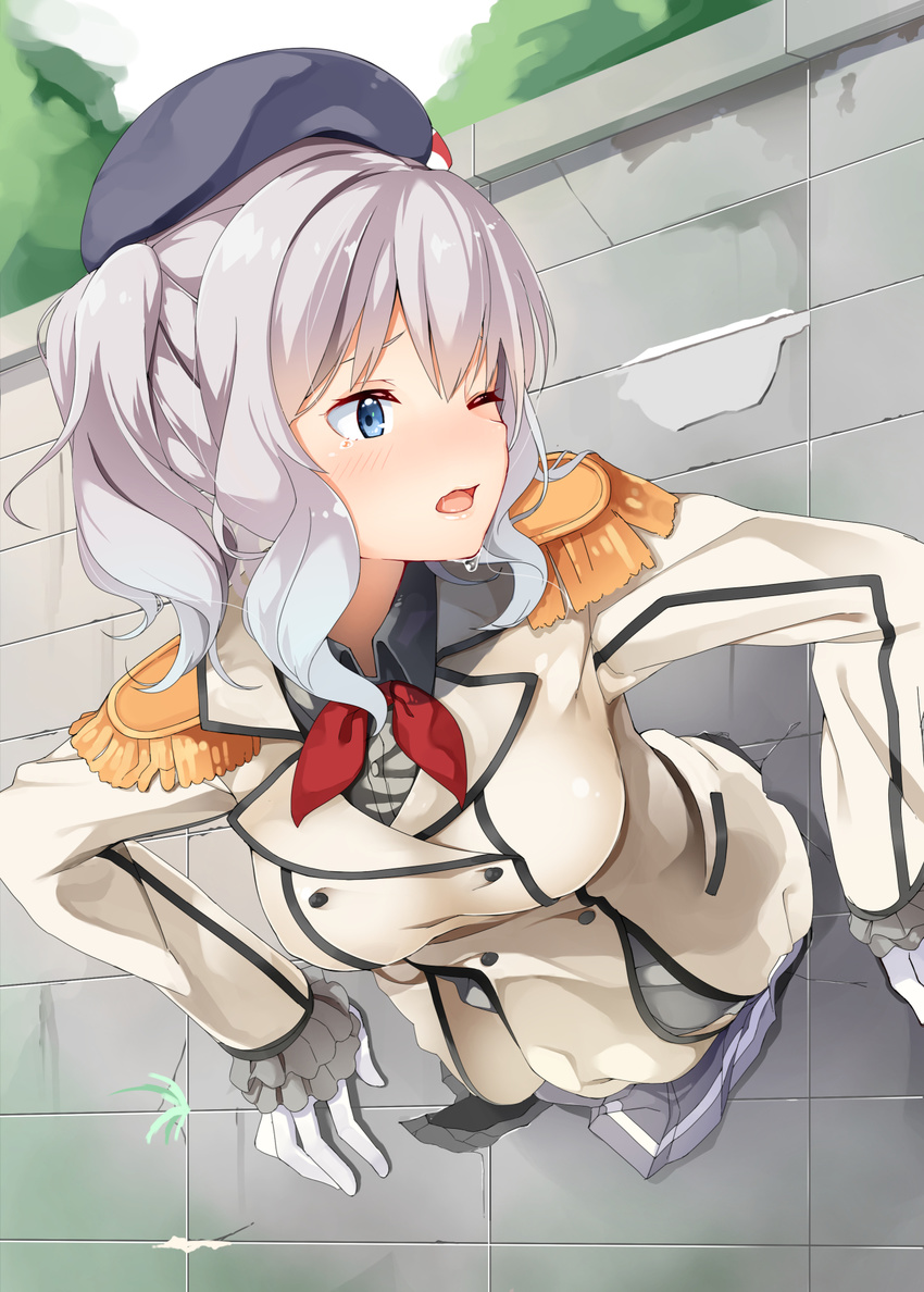 ;o beret black_hat black_shirt blue_eyes blue_skirt blush breasts buttons byte_(allbyte) crevice double-breasted dress_shirt dripping epaulettes frilled_sleeves frills gloves hat highres kantai_collection kashima_(kantai_collection) kerchief large_breasts long_hair long_sleeves looking_back military military_uniform one_eye_closed outdoors parted_lips plant pleated_skirt red_ribbon restrained ribbon shirt silver_hair skirt solo stationary_restraints stuck sweat sweatdrop teardrop tears through_wall tree uniform wall white_gloves