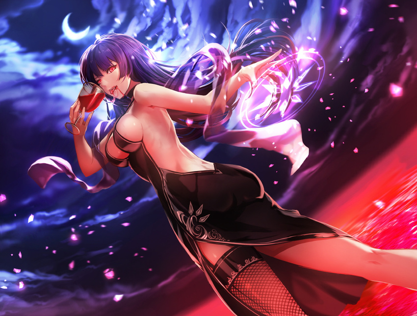 a-line ass backless_dress backless_outfit bare_shoulders choker cloud dimples_of_venus dress fishnets garter_straps glass impossible_clothes long_hair looking_at_viewer looking_back magic night purple_hair red_eyes side_slit single_thighhigh slit_pupils solo thighhighs vampire