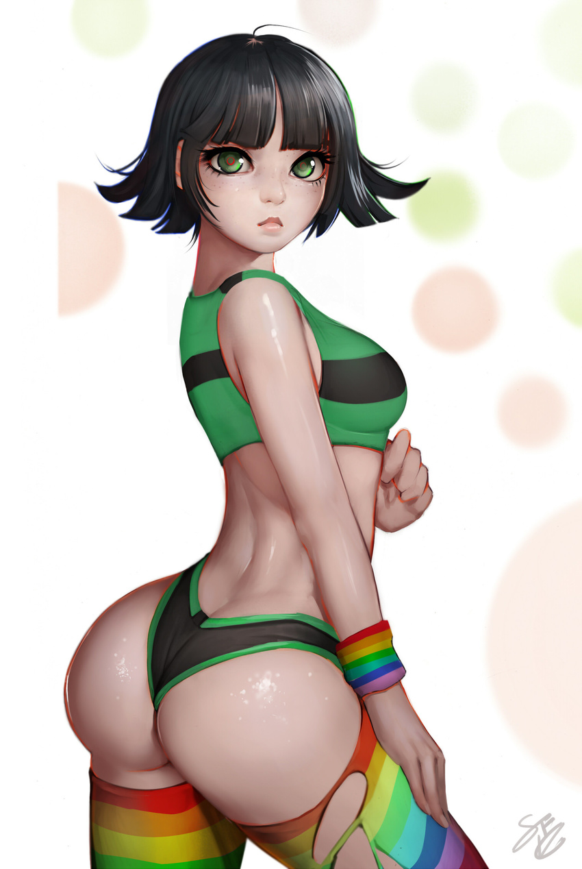 adapted_costume ass black_hair bob_cut buttercup_(ppg) cartoon_network crop_top green_eyes looking_at_viewer older panties powerpuff_girls solo striped_legwear thighhighs thong torn_legwear underwear villagerandy_rand wristband