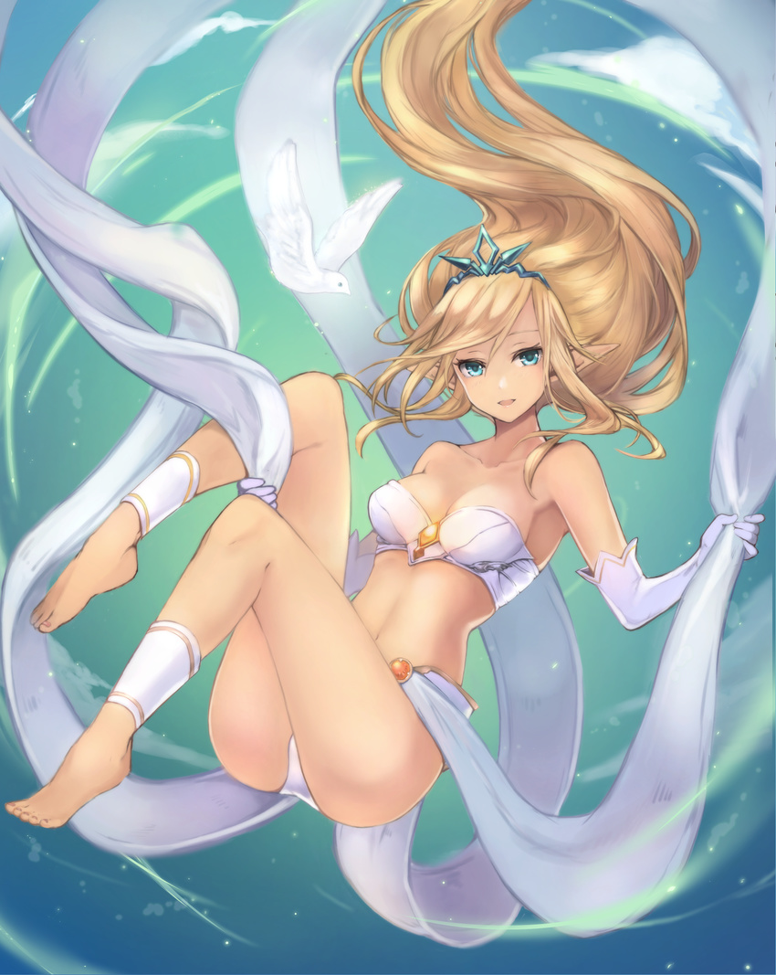 barefoot bird blonde_hair blue_eyes breasts cleavage dove elbow_gloves gloves highres janna_windforce league_of_legends long_hair medium_breasts midriff navel open_mouth pointy_ears riffey smile solo