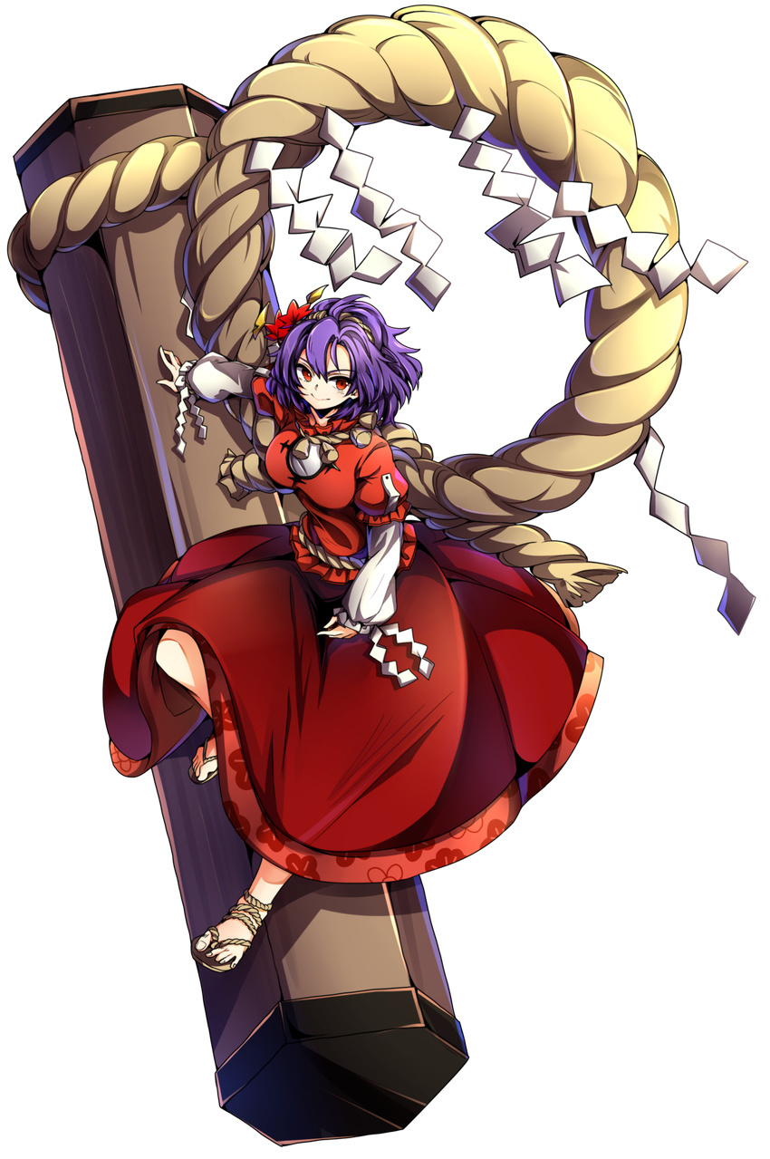 absurdres anklet baba_(baba_seimaijo) full_body hairband highres jewelry leaf leaf_on_head long_sleeves looking_at_viewer maple_leaf mirror no_socks onbashira puffy_sleeves purple_hair red_eyes rope sandals shimenawa shirt short_hair skirt smile solo tachi-e touhou transparent_background waraji yasaka_kanako